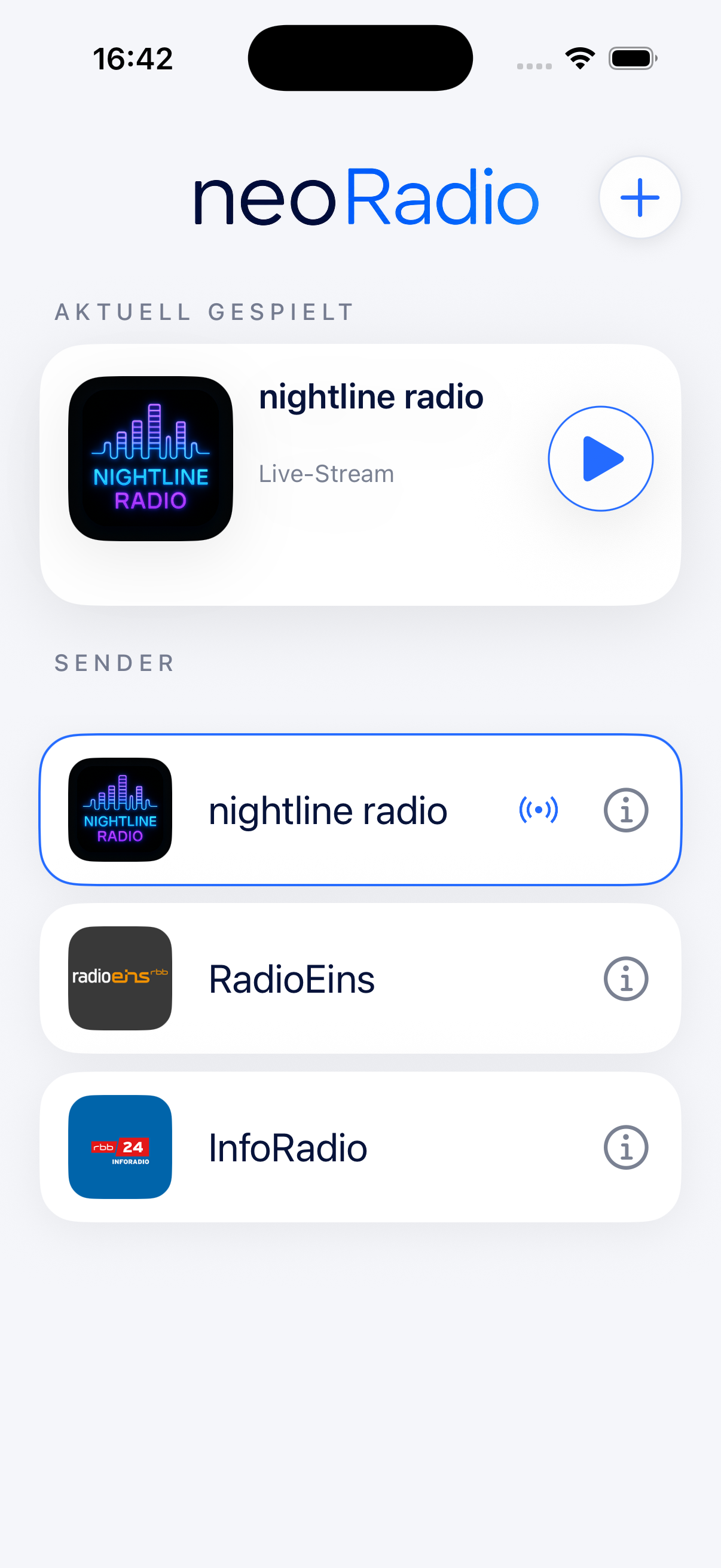 Screenshot der neoRadio App auf einem iPhone